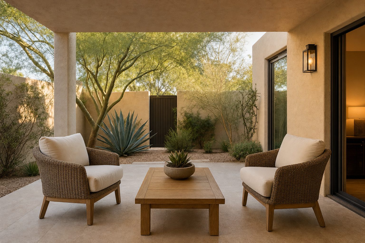 Shaded patio with seating and desert landscaping