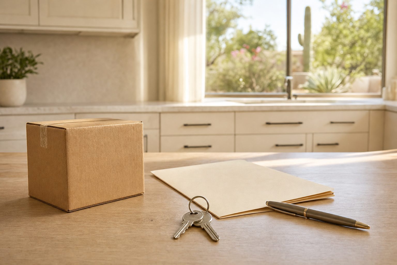 Illustrative house keys, folder and moving box on a kitchen counter