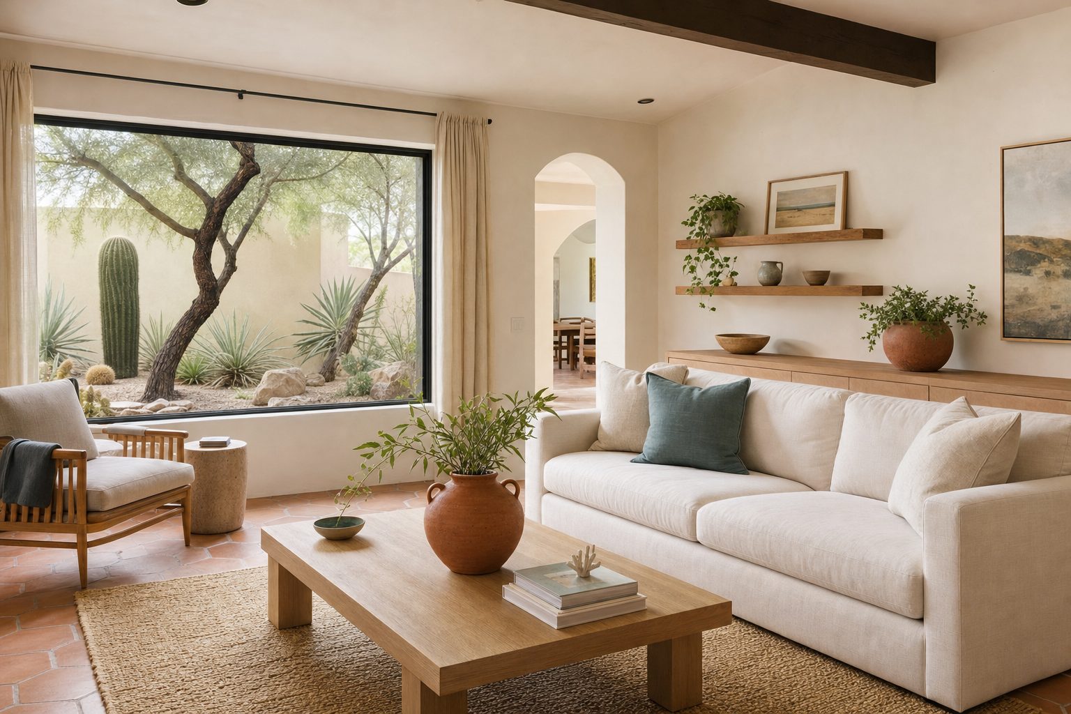Illustrative prepared living room with neutral furnishings and a desert garden view