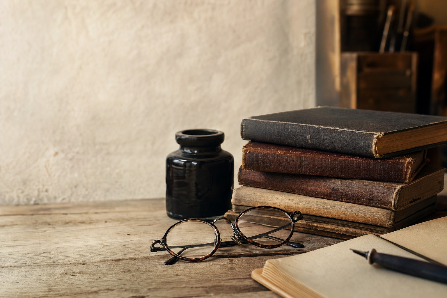 Weathered books, reading glasses, and an ink bottle on a writer's desk