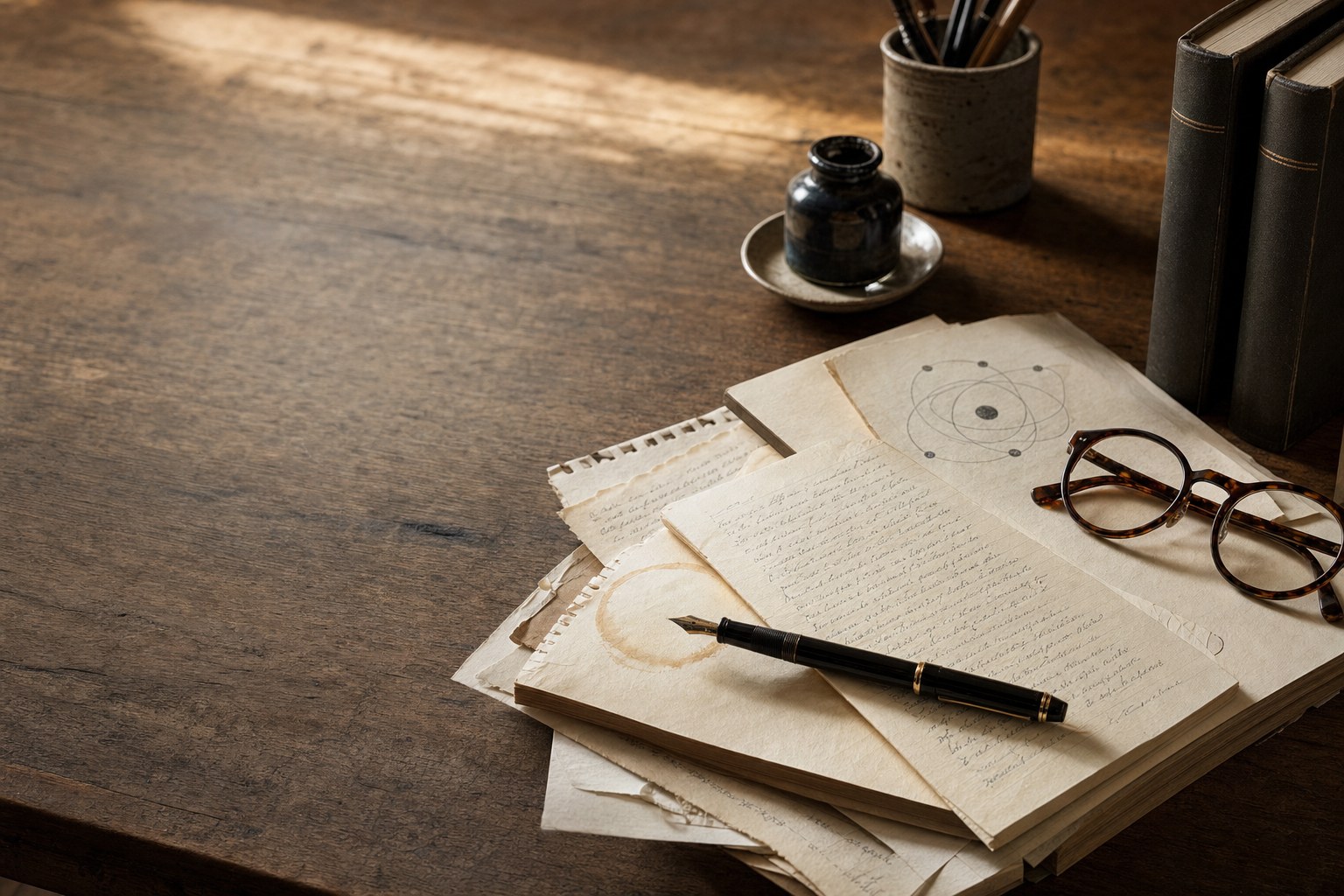 Writer's desk with manuscript pages, fountain pen, glasses, and a hand-drawn orbit