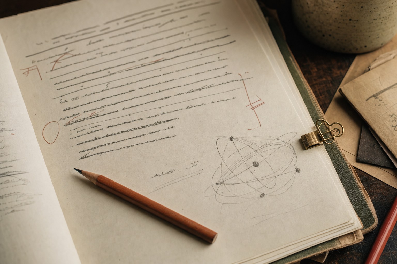 Open manuscript with pencil, paper clip, and hand-drawn orbit in the margin