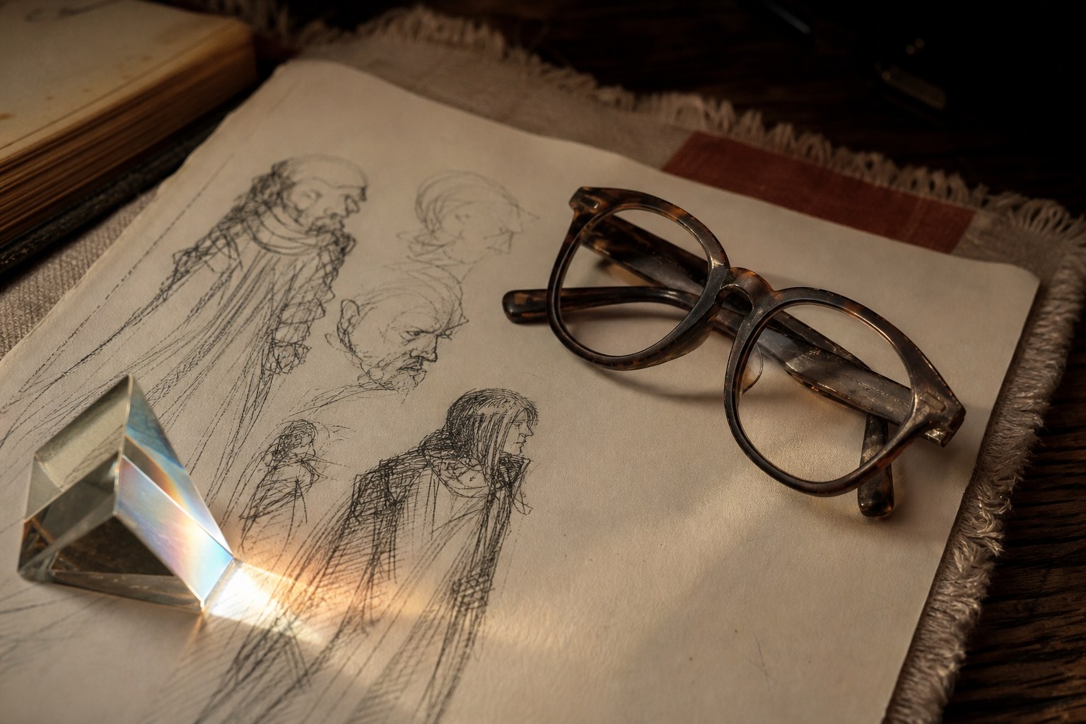 Reading glasses, a character sketch page, and a glass prism on a writer's desk