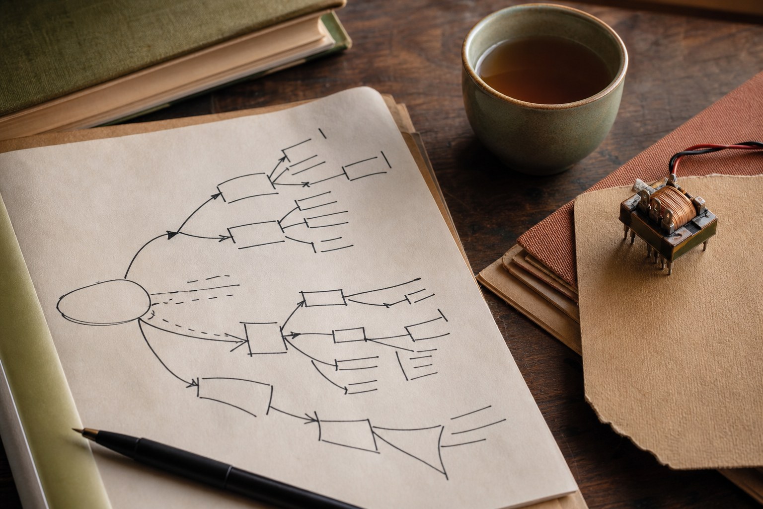 A handwritten decision map, tea, and an electronic component on a desk