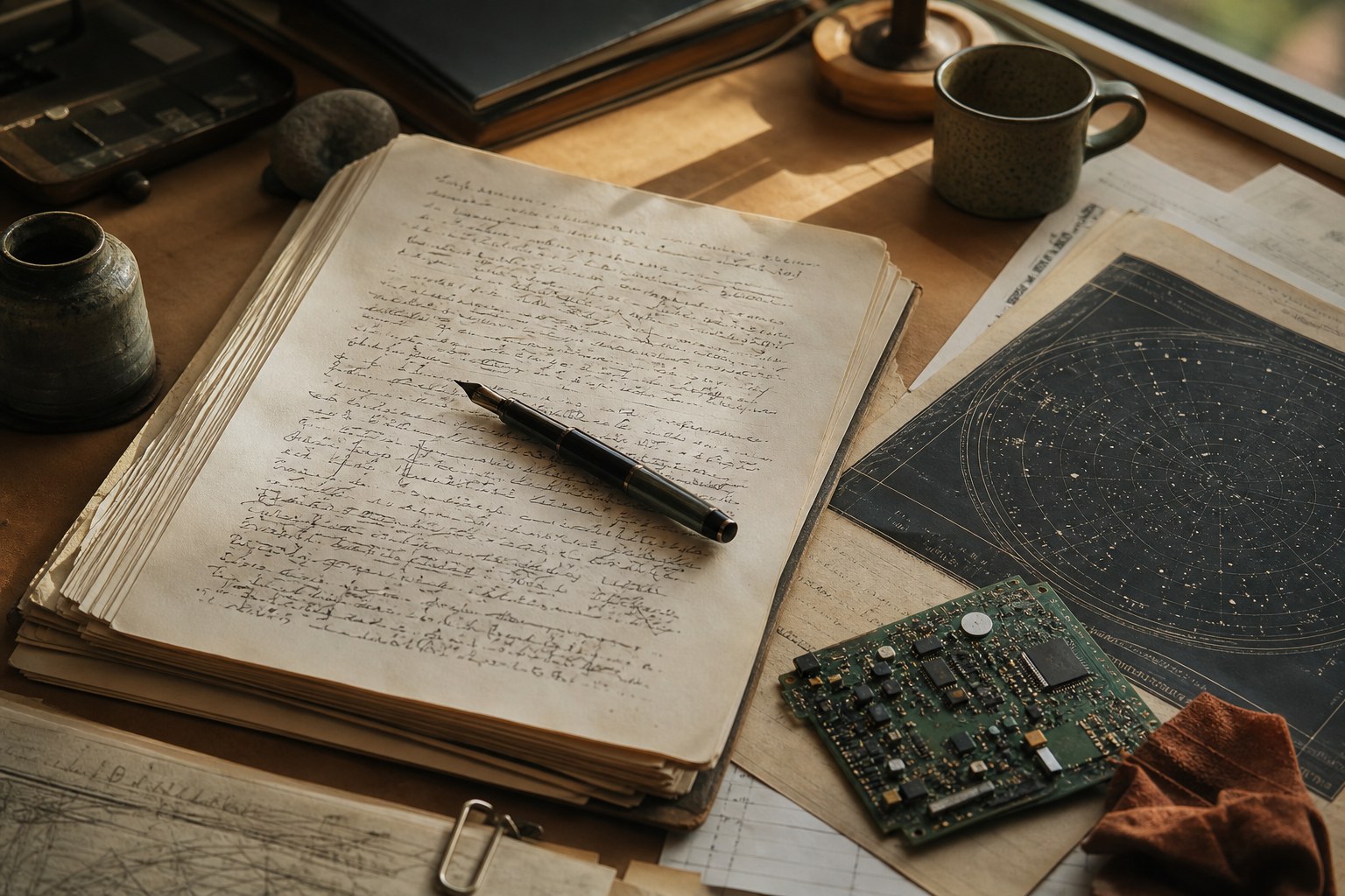Manuscript pages, a fountain pen, a circuit board, and a star chart on a writer's desk