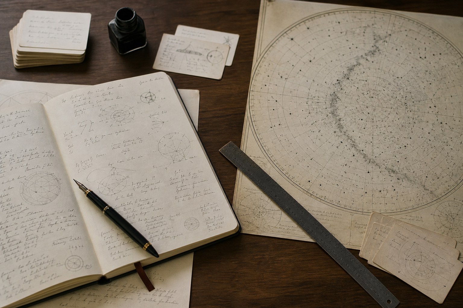 Research notes, a star chart, and a ruler on a writer's desk
