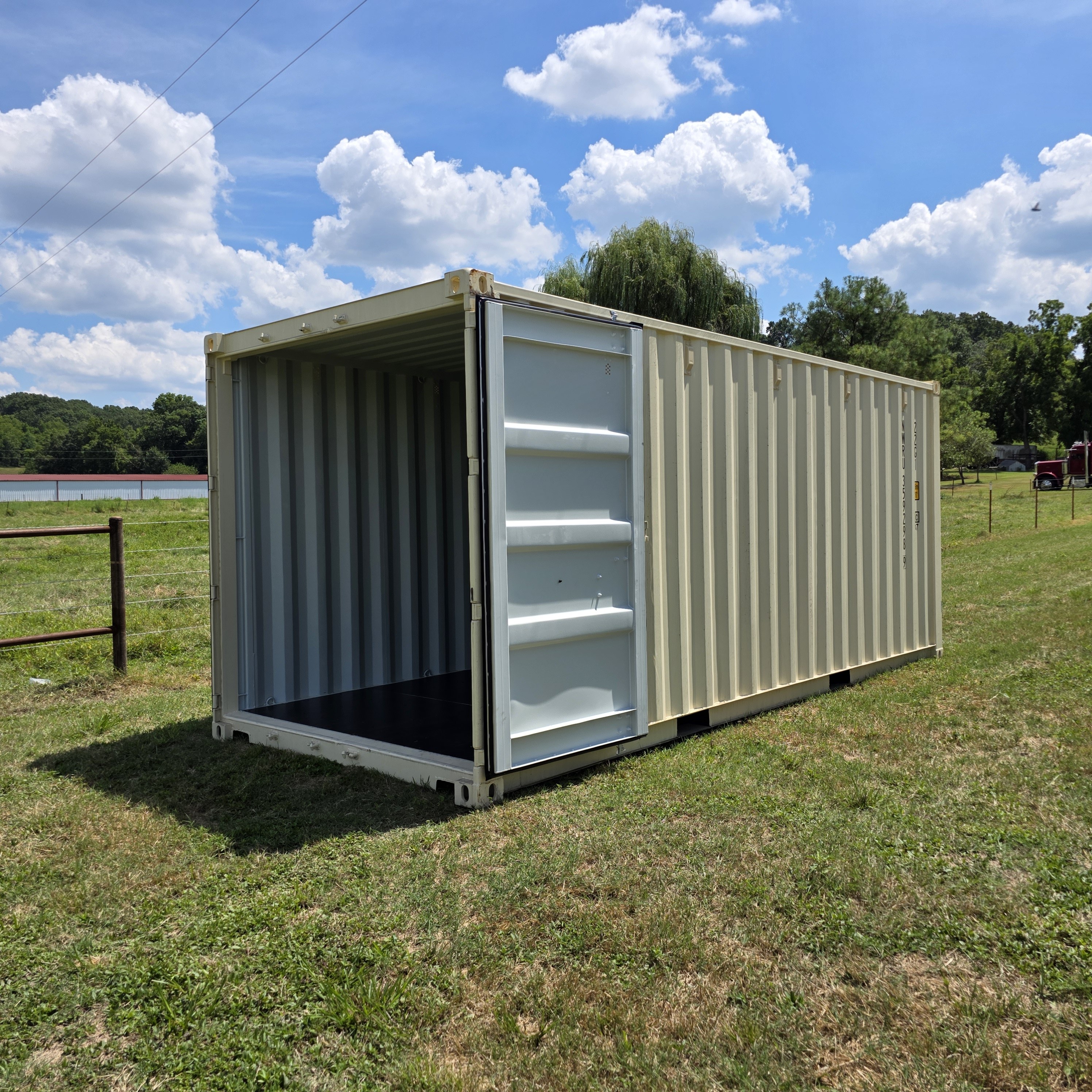 A 40-foot shipping container at the Wood Tech Structures lot