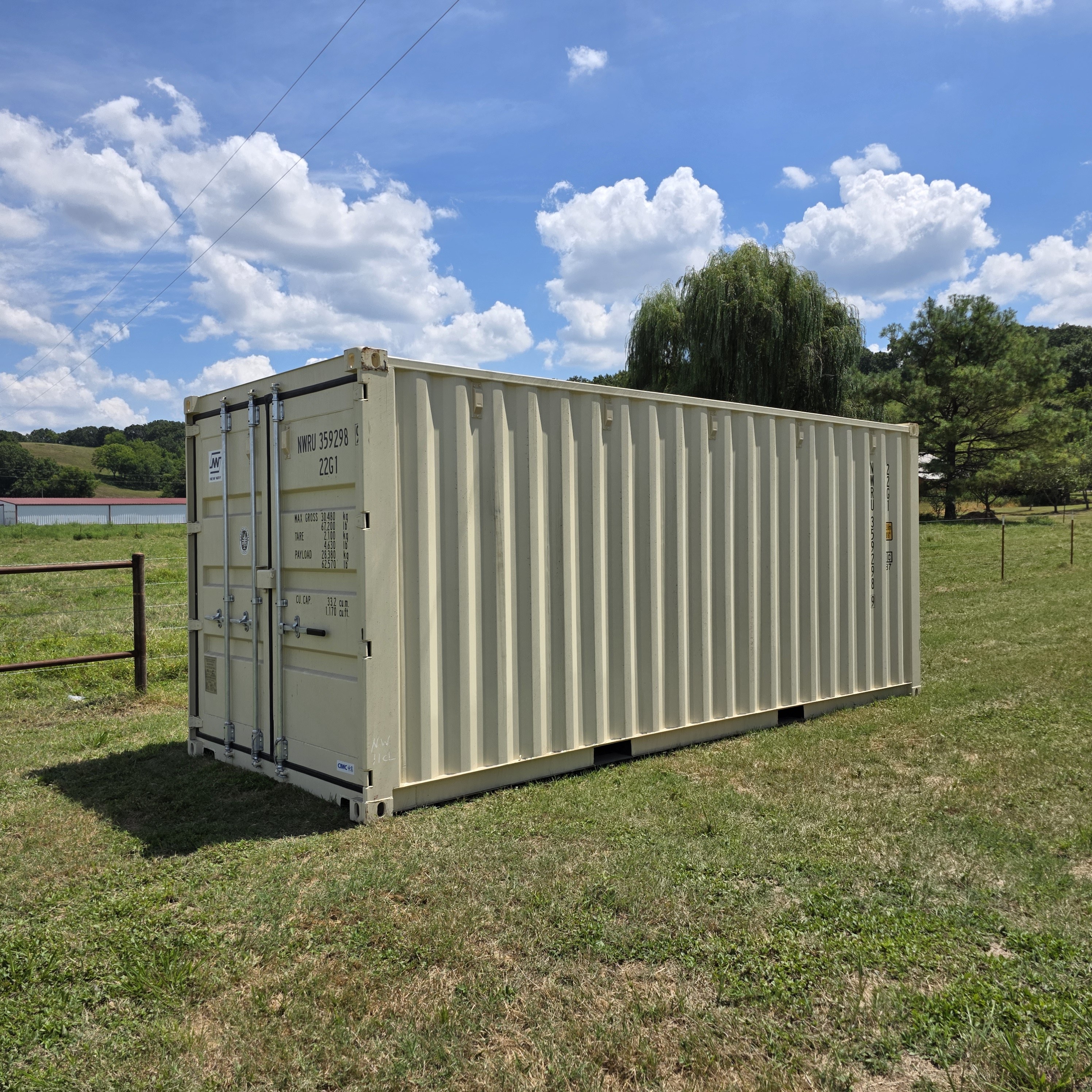 Shipping container on a clear, open property area