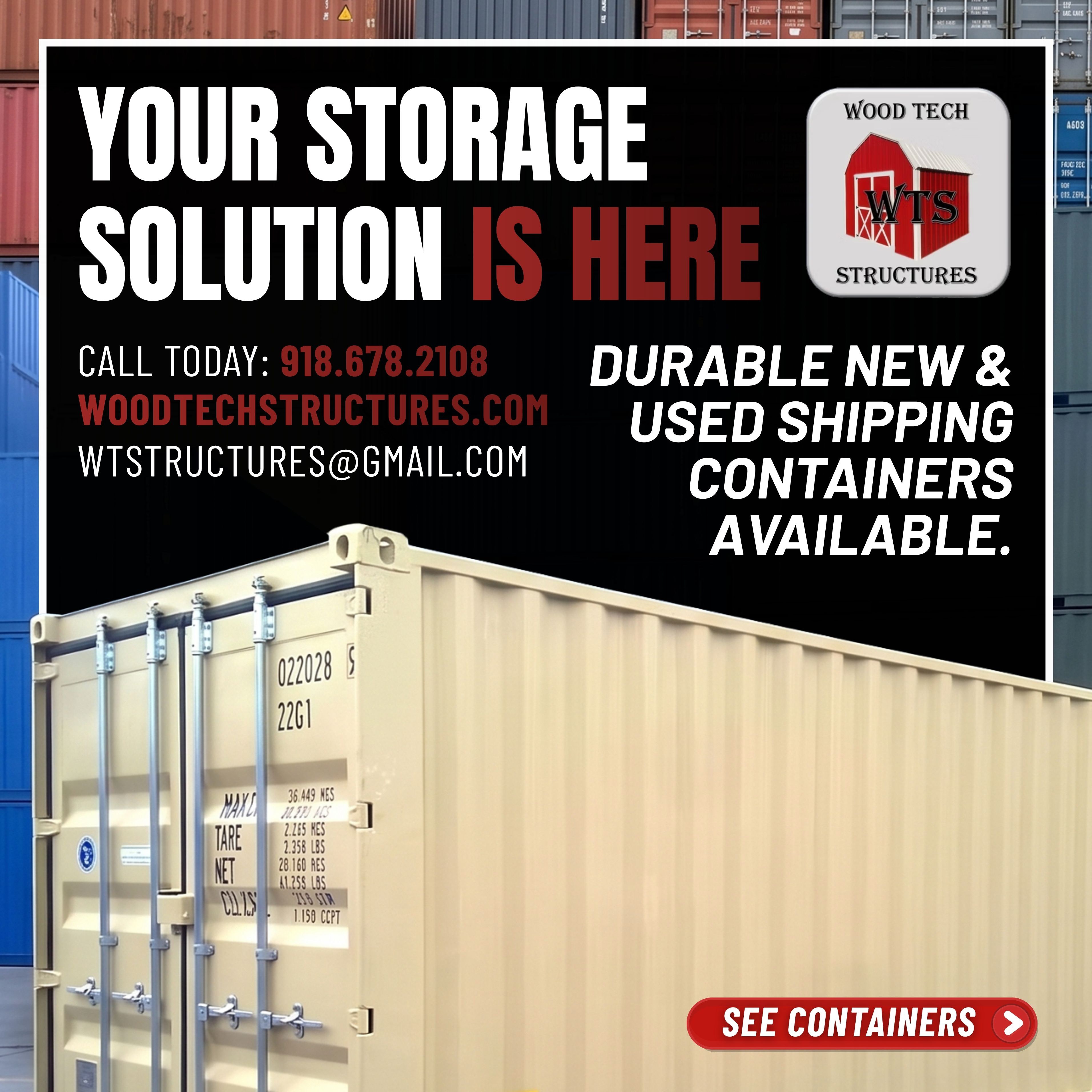 Shipping container at Wood Tech Structures in Wyandotte, Oklahoma