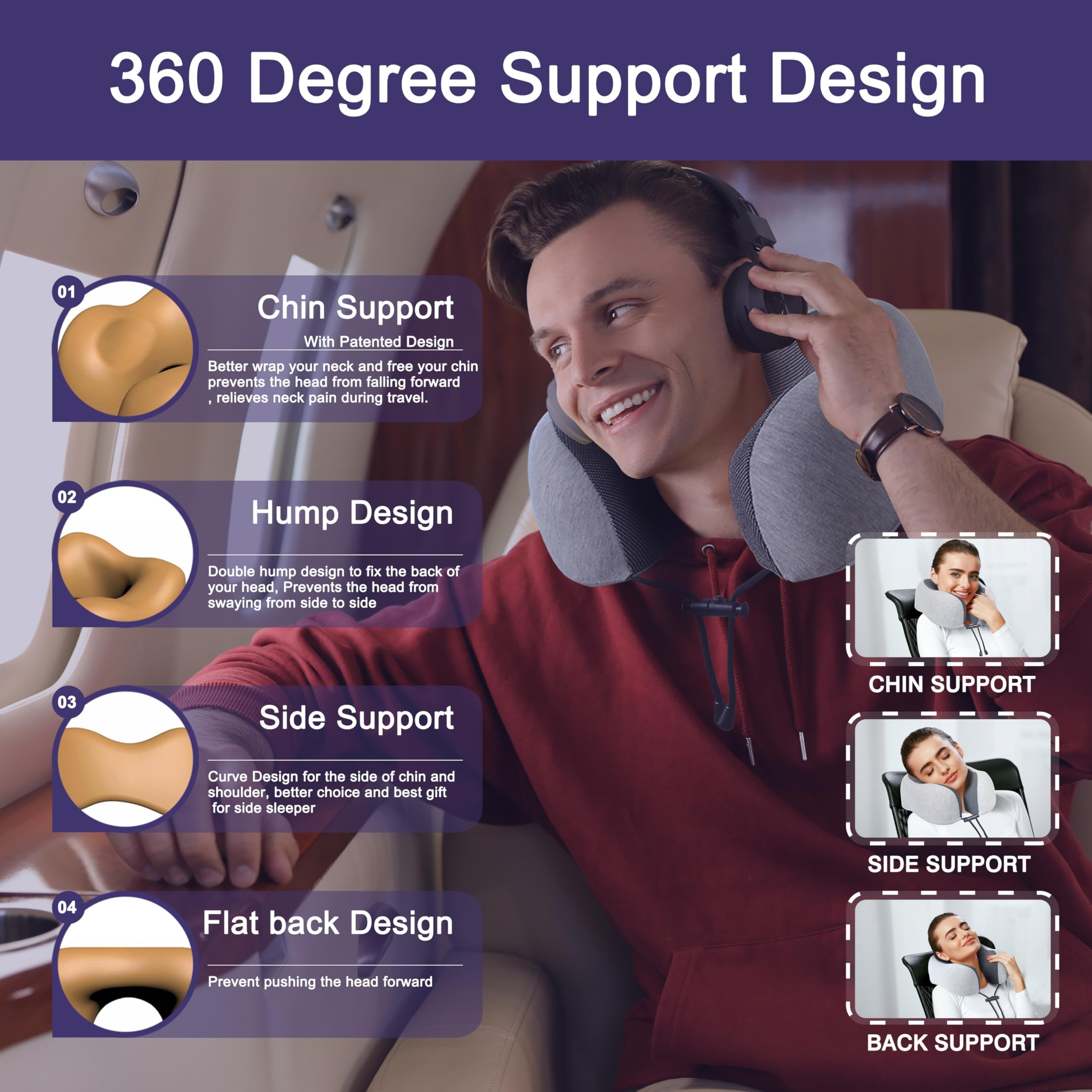 Memory foam travel neck pillow with adjustable front drawstring