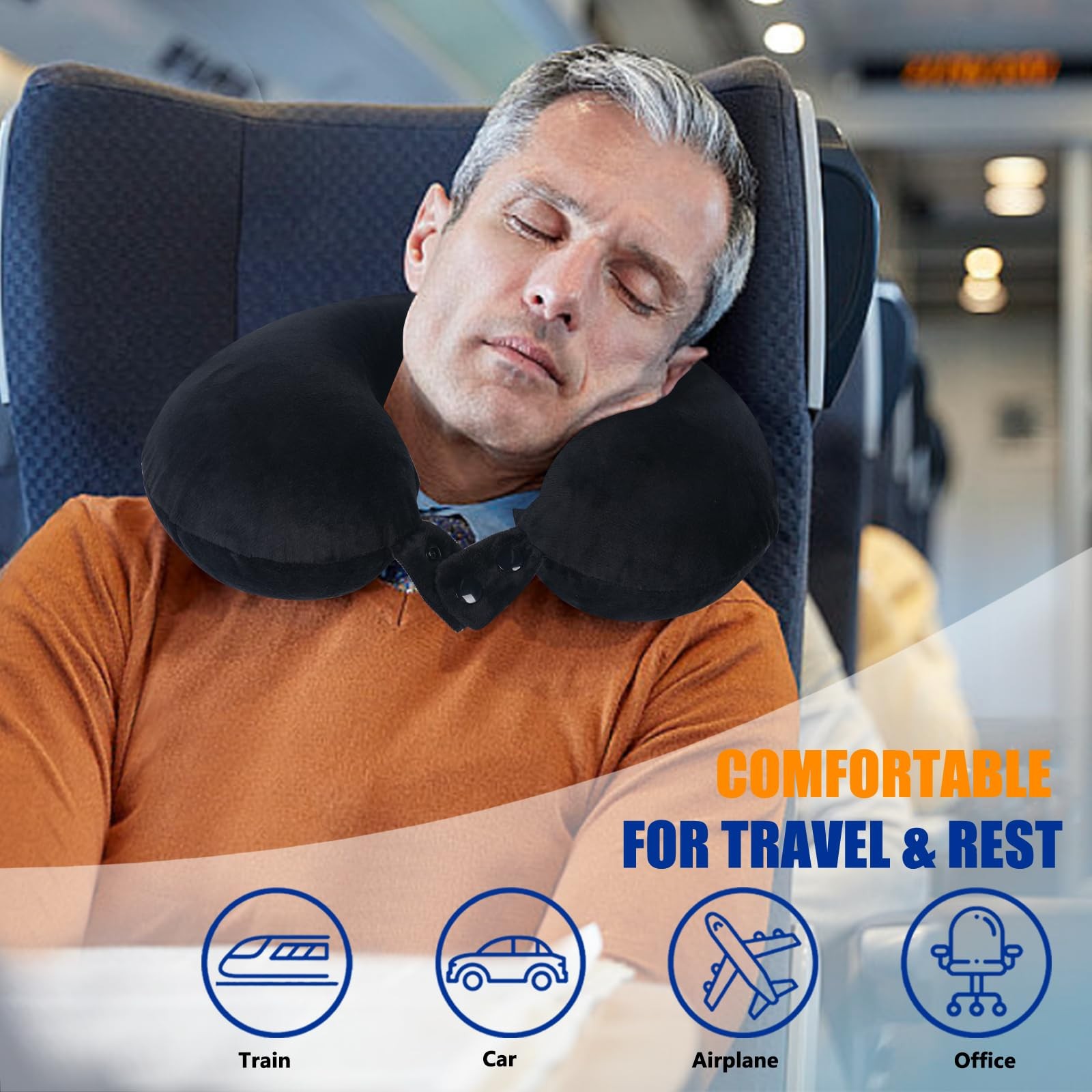 Close view of a memory foam travel pillow with its adjustable front closure