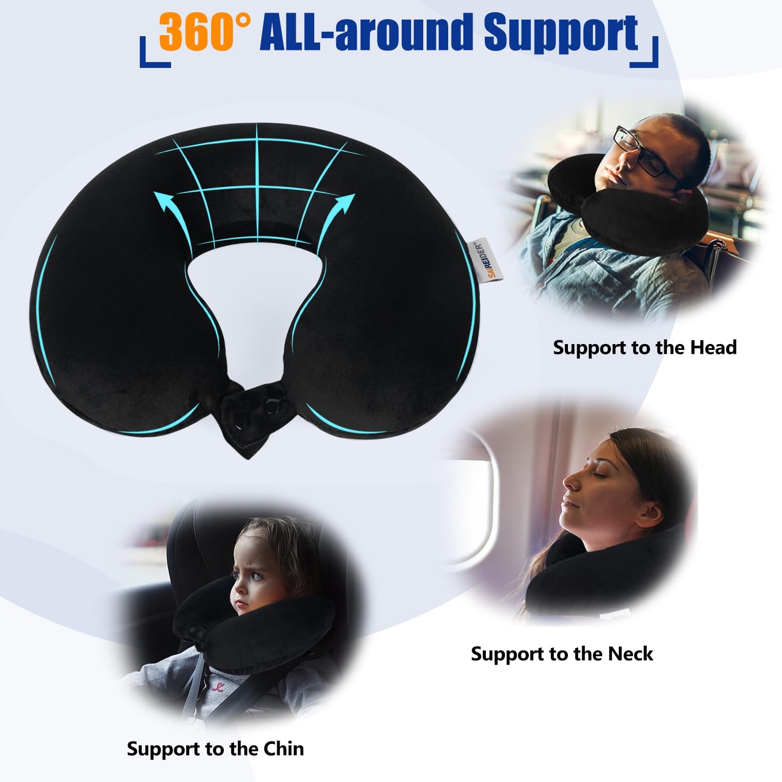 Memory foam travel pillow showing side support for upright resting