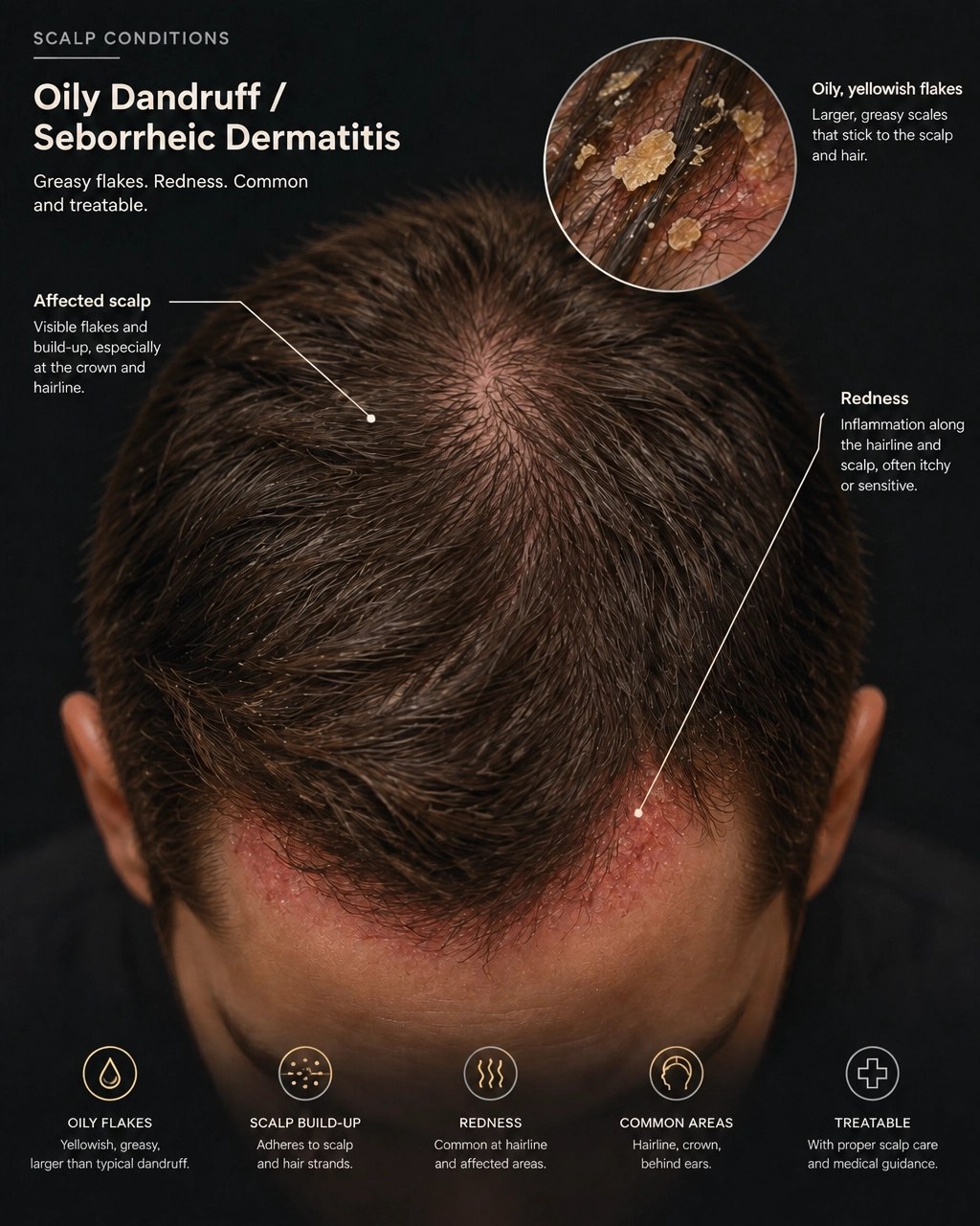 Illustration of oily dandruff or seborrheic dermatitis on a man's scalp, showing larger greasy yellowish flakes attached to the scalp with redness along the hairline