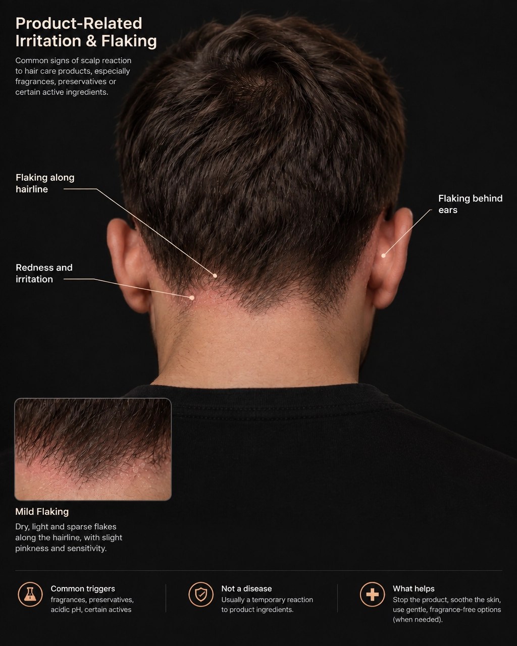 Illustration of product-related scalp irritation on a man's scalp, showing redness and flaking clustered along the hairline and behind the ears