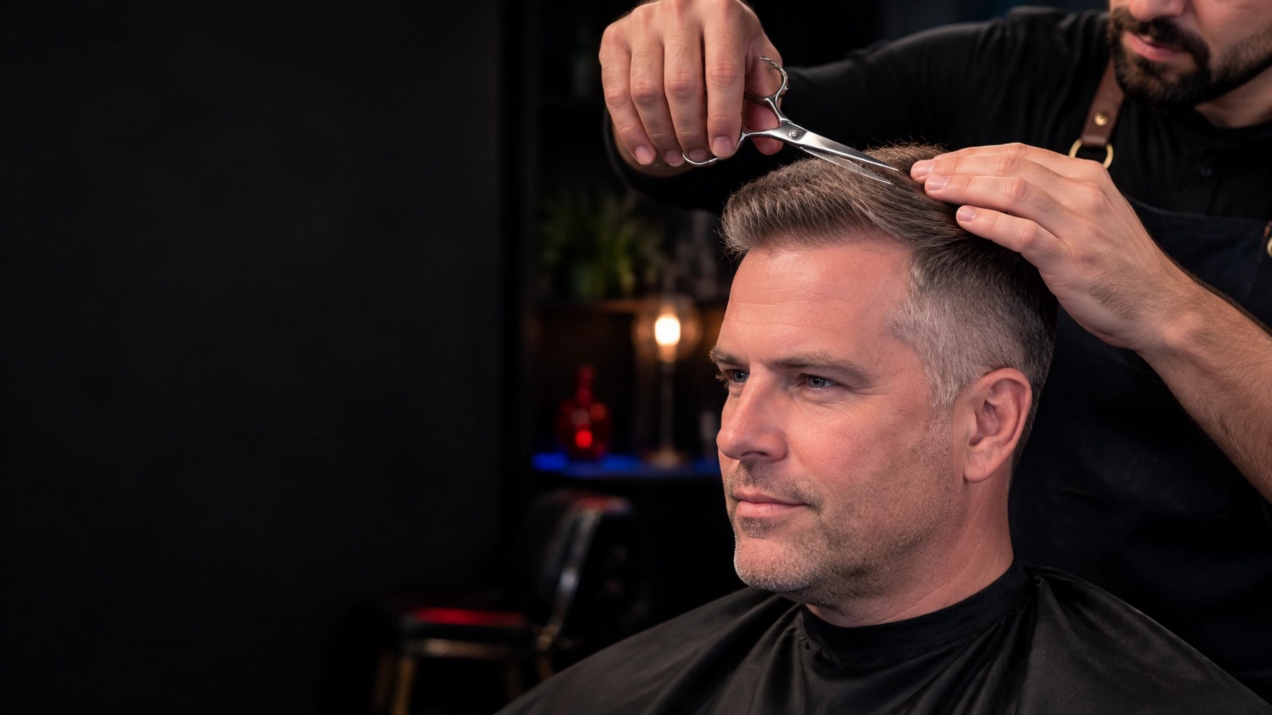 AI-generated editorial image of a careful post-hair-transplant haircut in a private barber studio