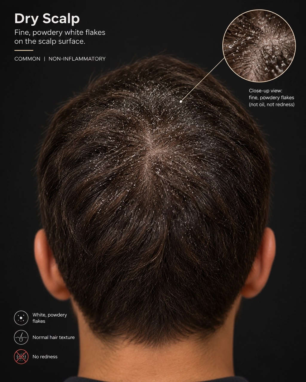 Illustration of classic dry scalp flaking on a man's scalp from the back, showing fine powdery white flakes with no redness