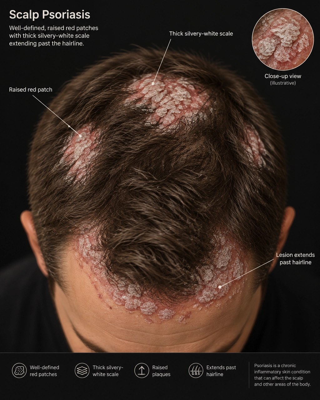 Illustration of psoriasis-type scaling on a man's scalp, showing thicker silvery-white scale over clearly defined raised red patches extending past the hairline