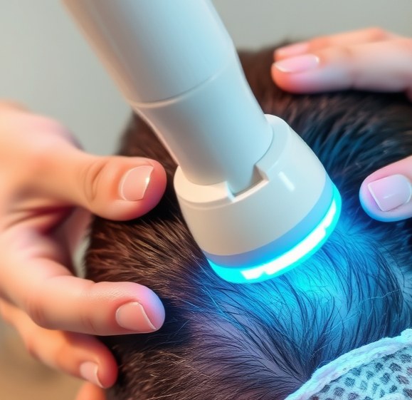 Person getting dandruff treatment showing person's scalp no hands in photo using machine.j