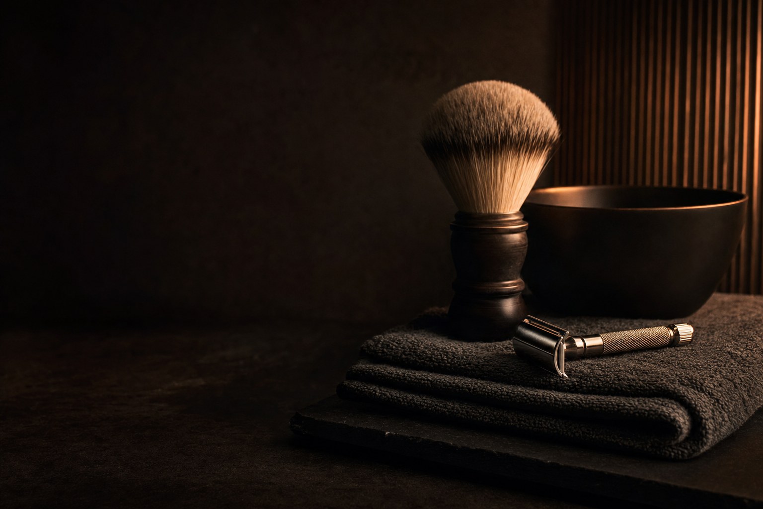 Straight razor, shaving brush and warm towels