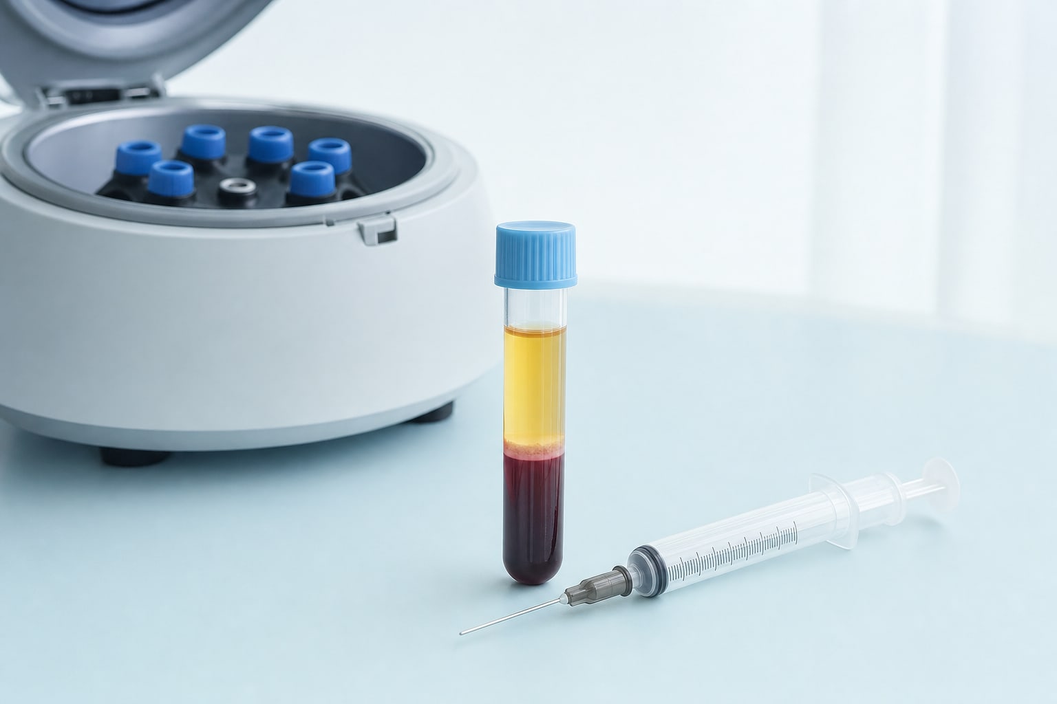 Blood sample tube and syringe beside laboratory equipment