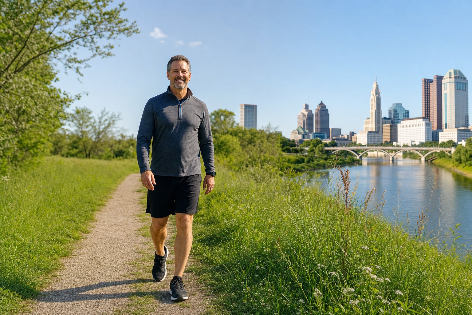 A man walking on a green Ohio path with the Columbus skyline in the distance