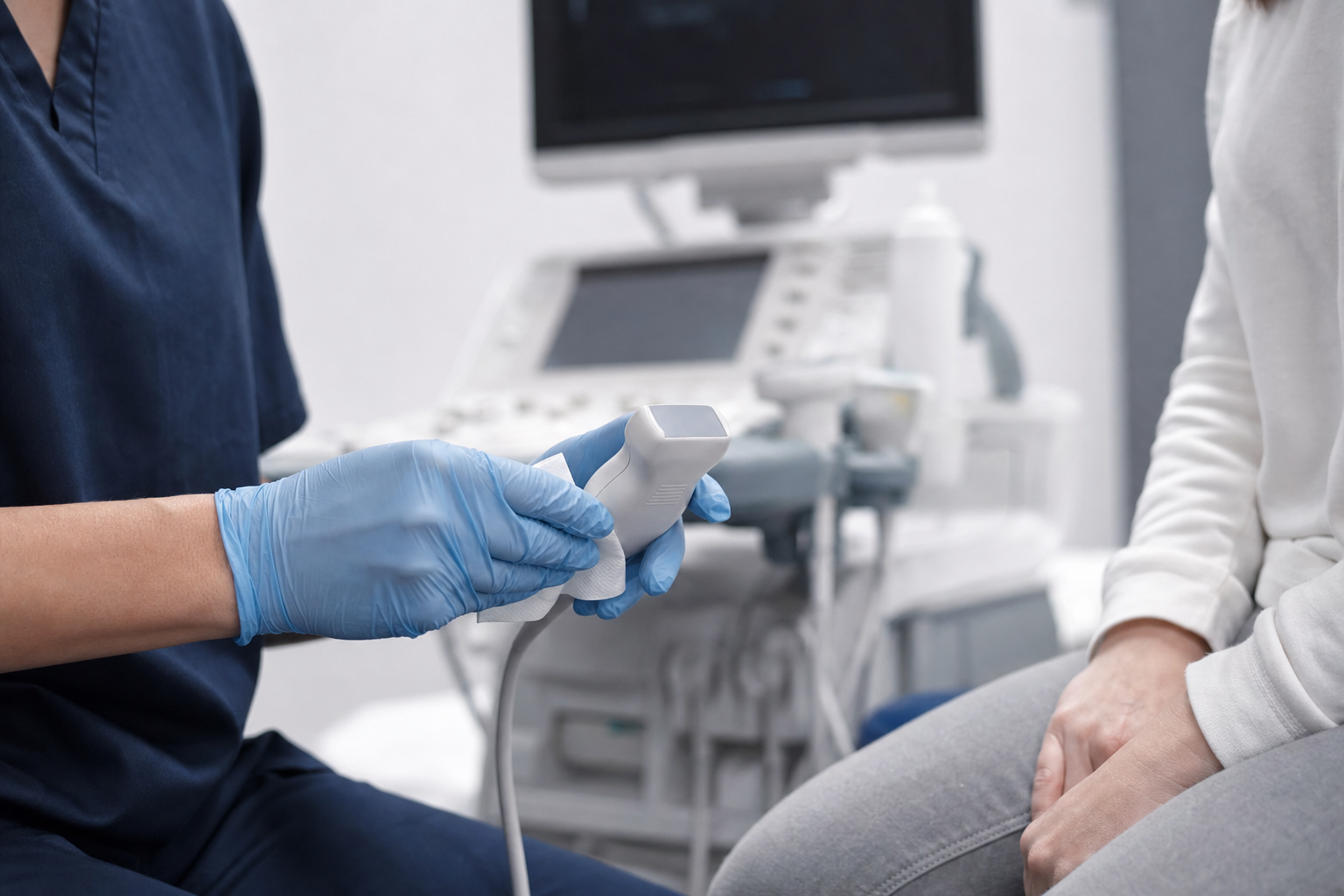 Clinician preparing an ultrasound probe in an exam room