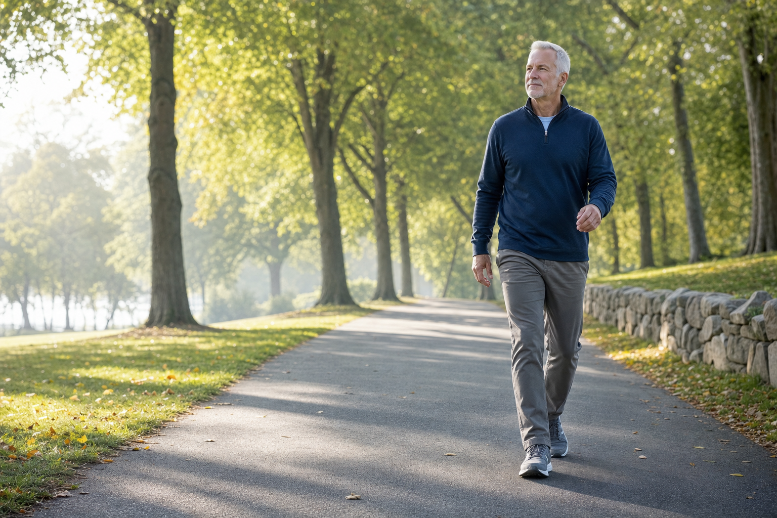 Man walking confidently on a sunlit park path