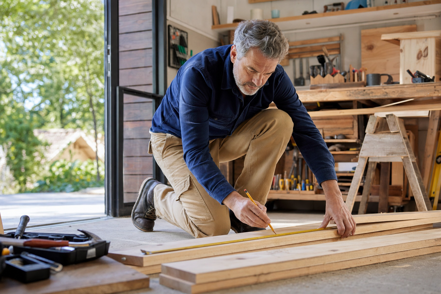 Tradesman measuring wood in a workshop