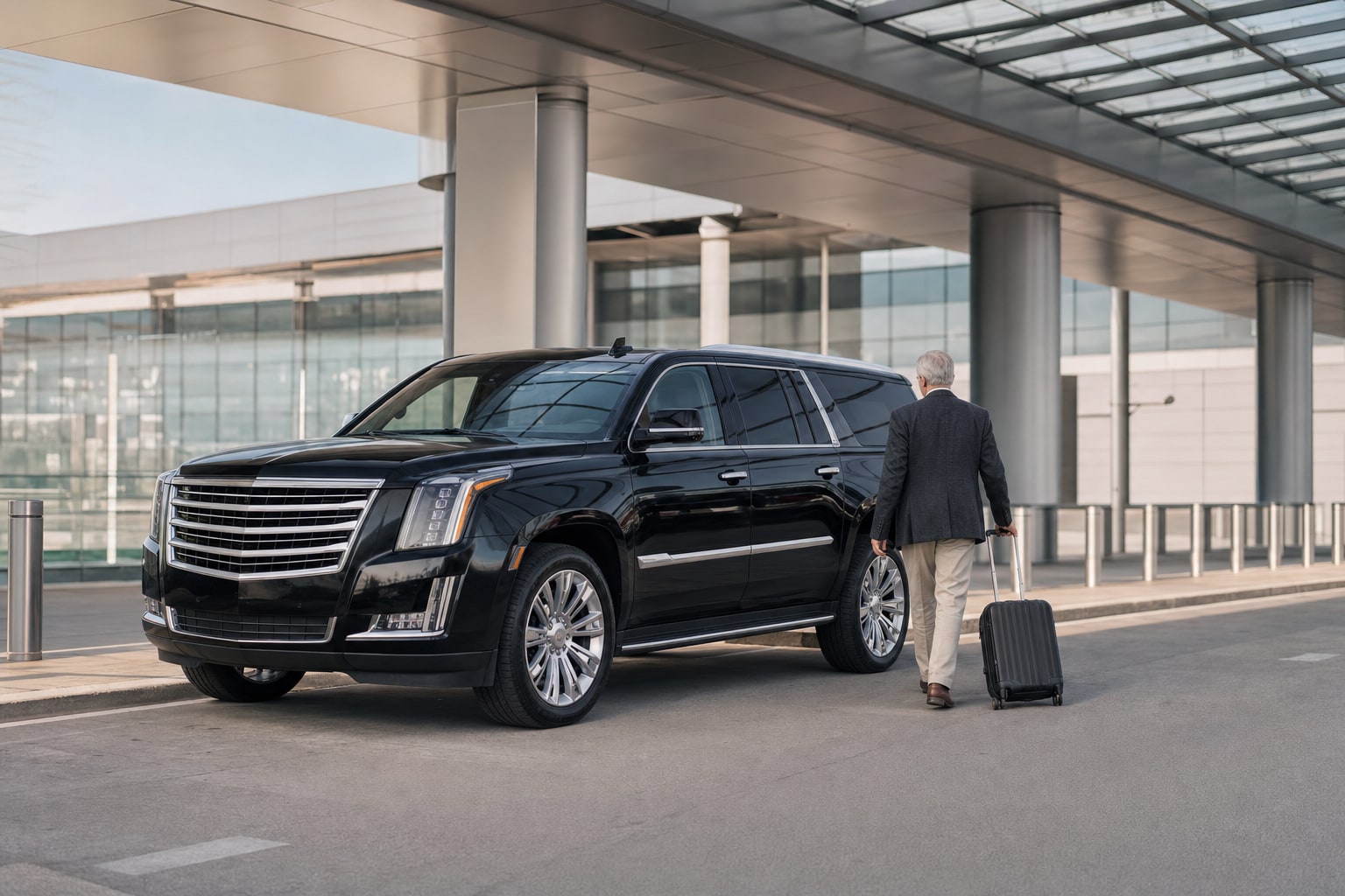 Black luxury SUV picking up a passenger with luggage at the airport