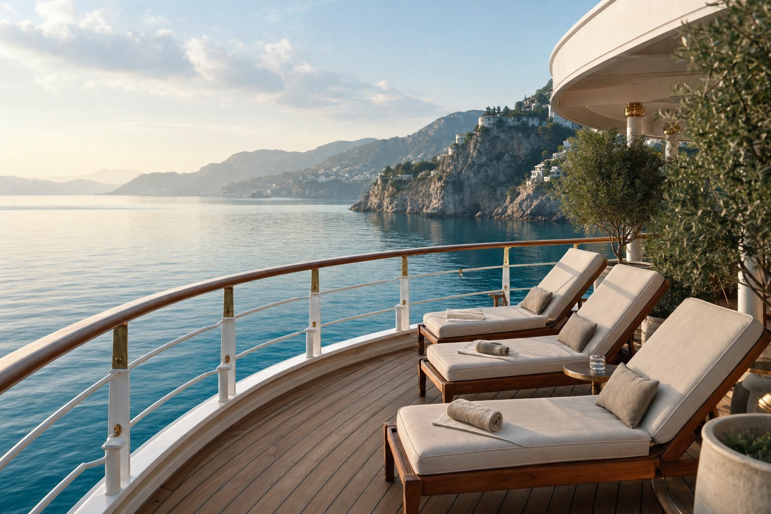 Quiet teak deck with lounge chairs overlooking a calm coastline