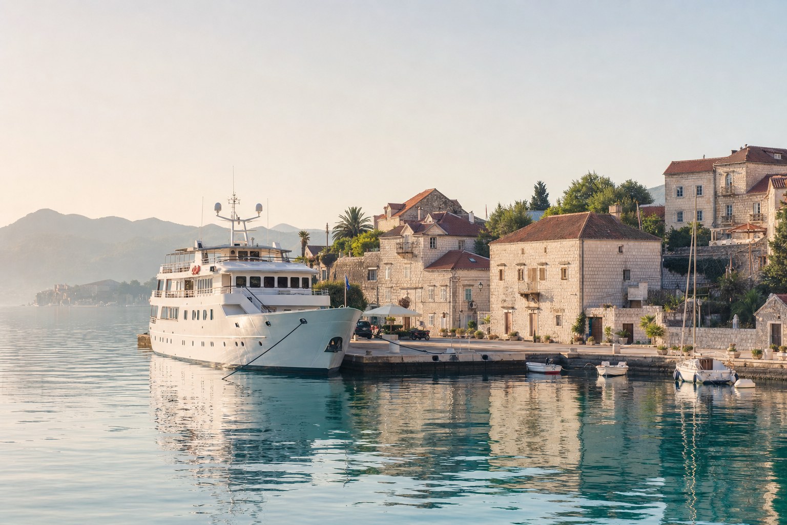 Small luxury cruise ship docked in a quiet Mediterranean harbor