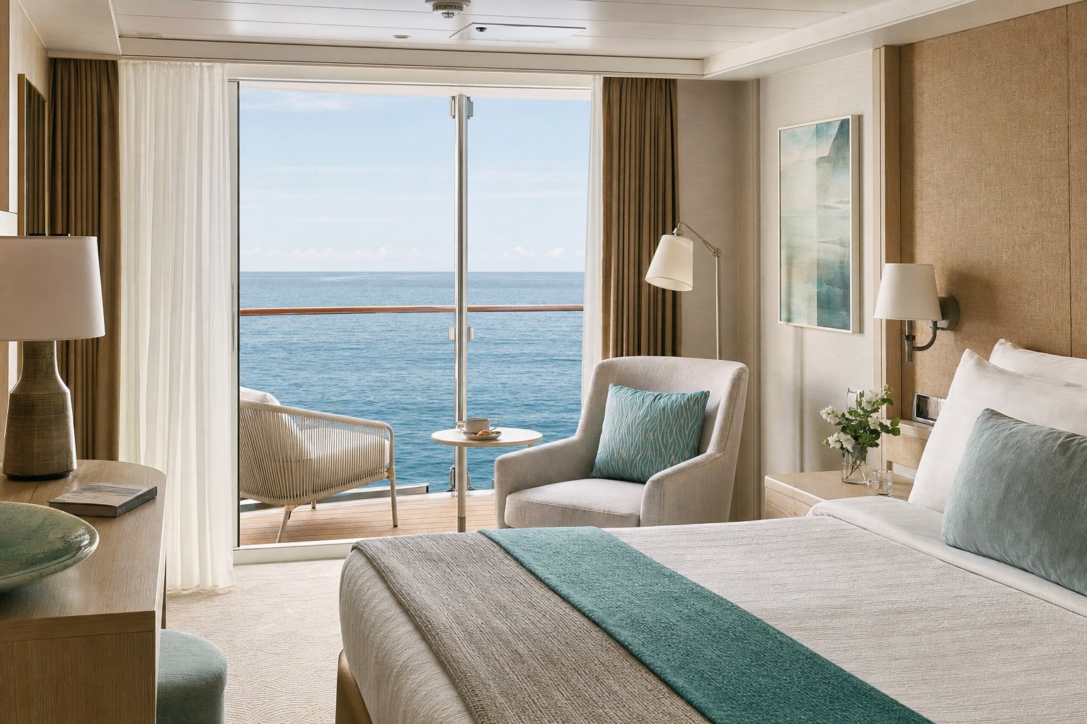 Serene cruise ship suite with an open balcony facing the sea