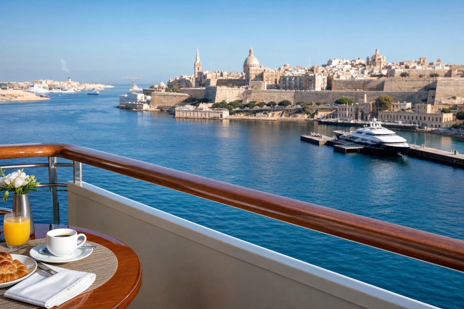 Mediterranean harbor viewed from a cruise ship deck