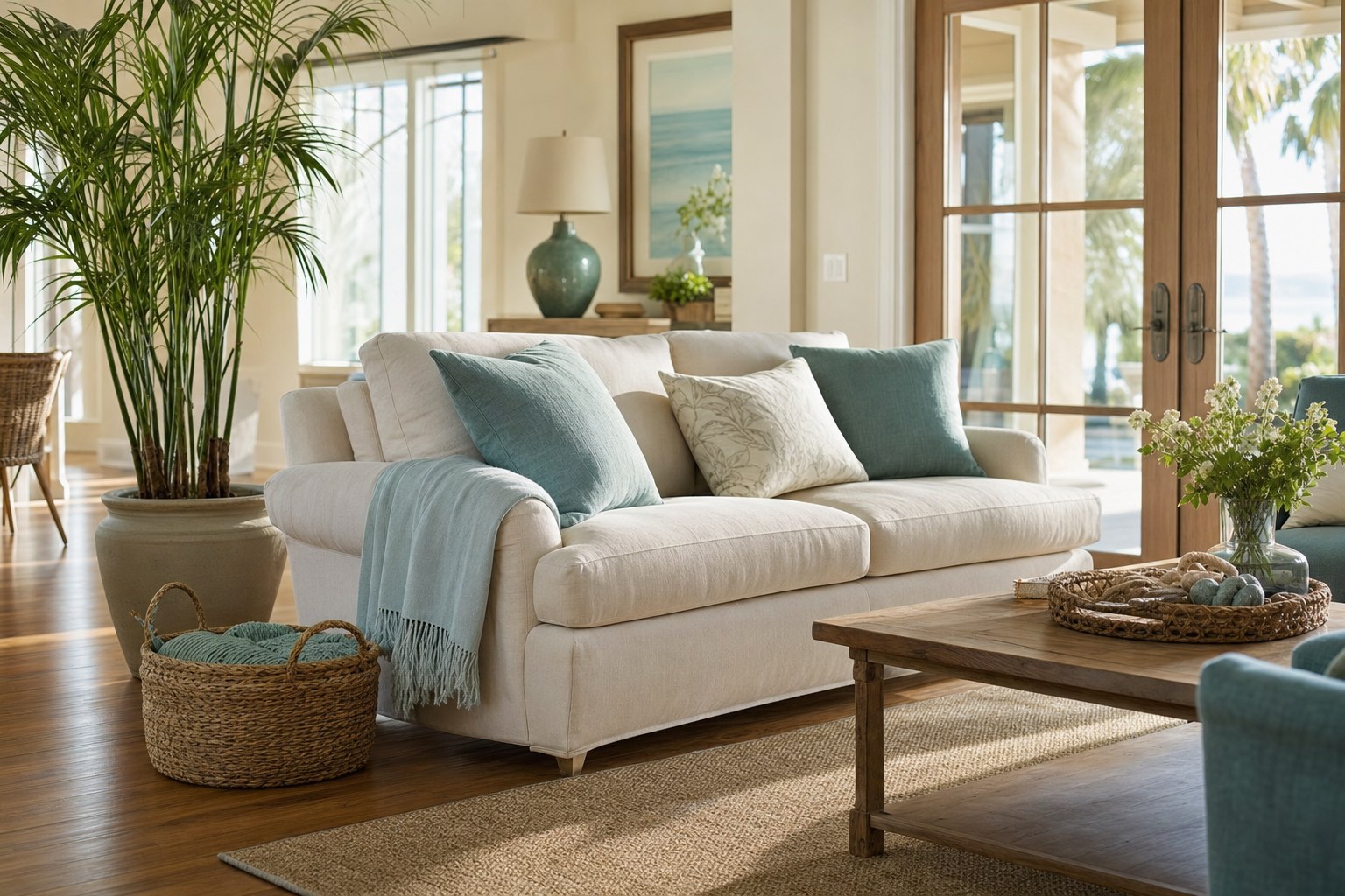 Sunlit and tidy coastal living room