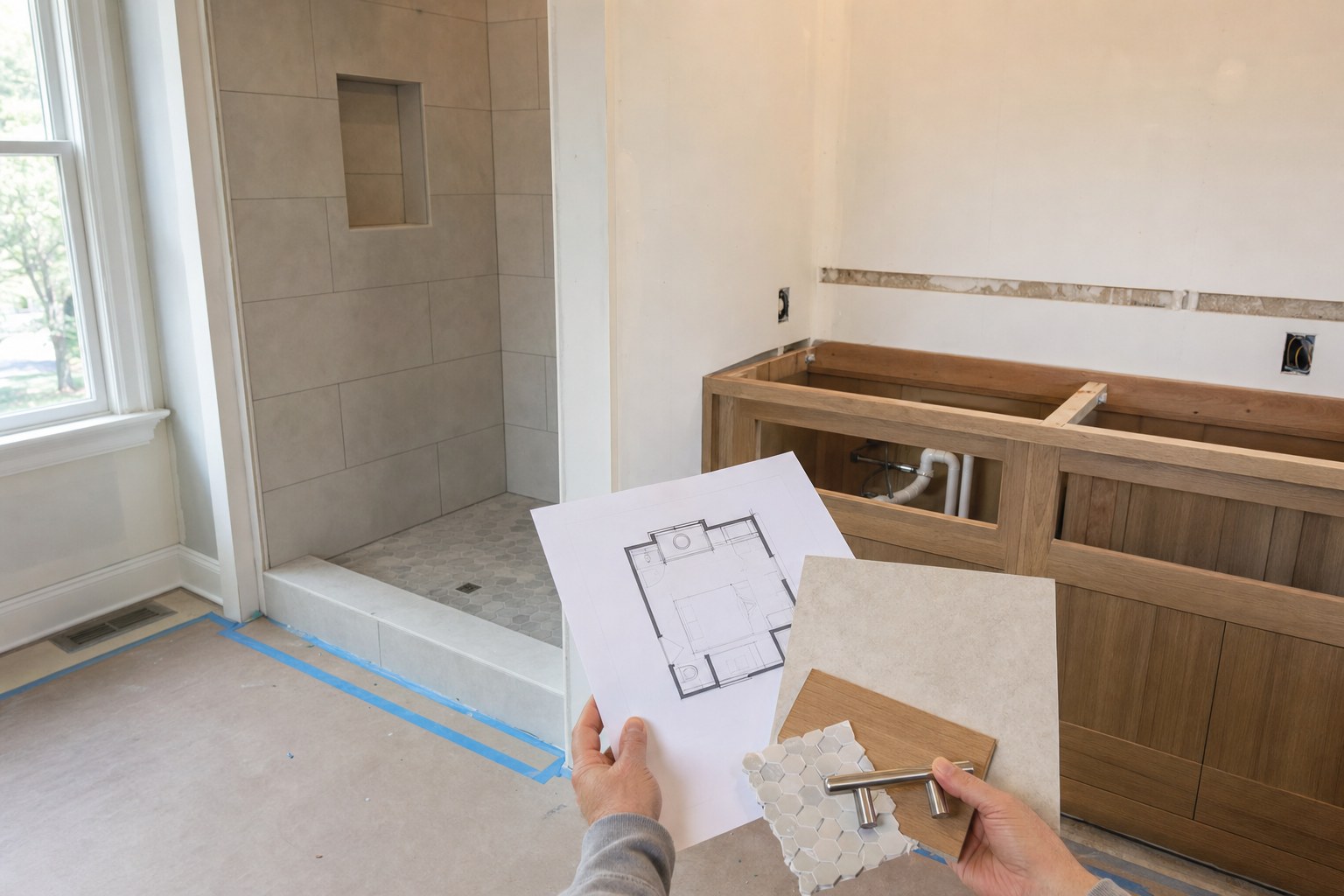 Bathroom renovation planning materials beside a vanity opening