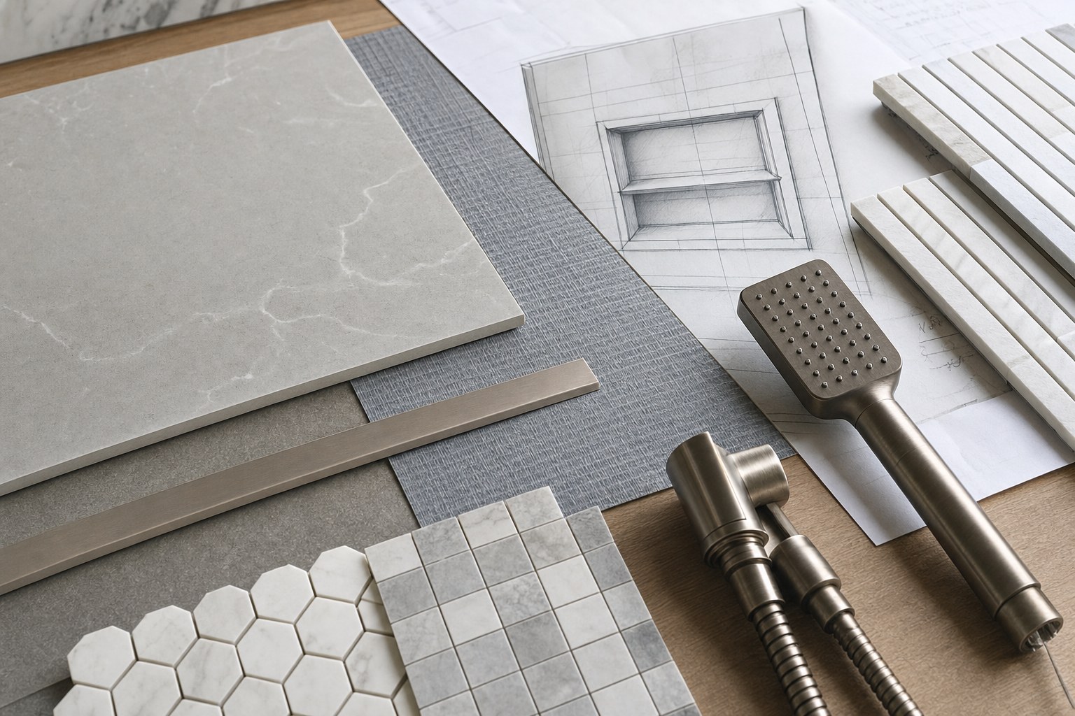 Bathroom tile, waterproofing, and fixture selection materials on a planning table