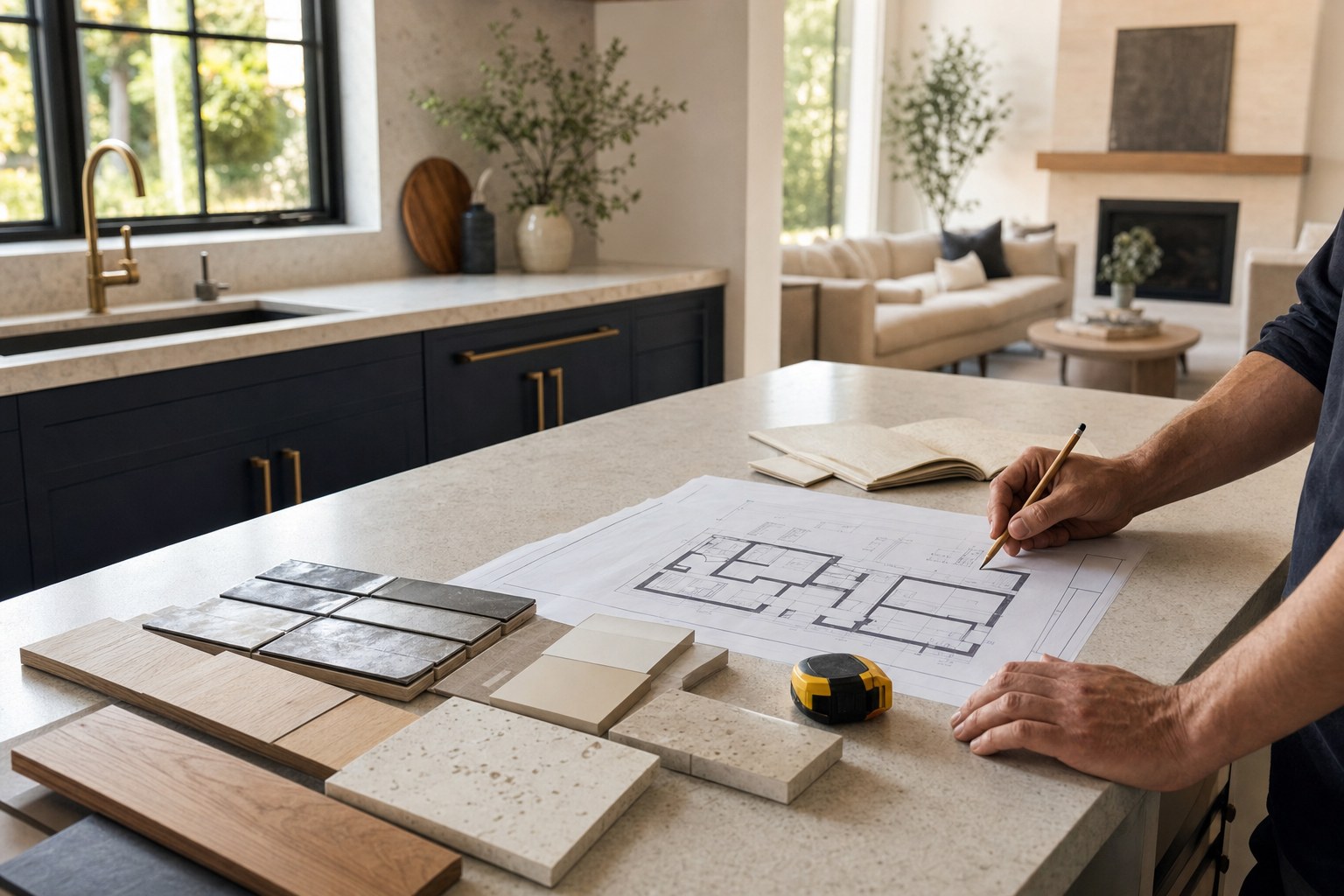 Homeowner reviewing renovation plans and material samples at a kitchen island