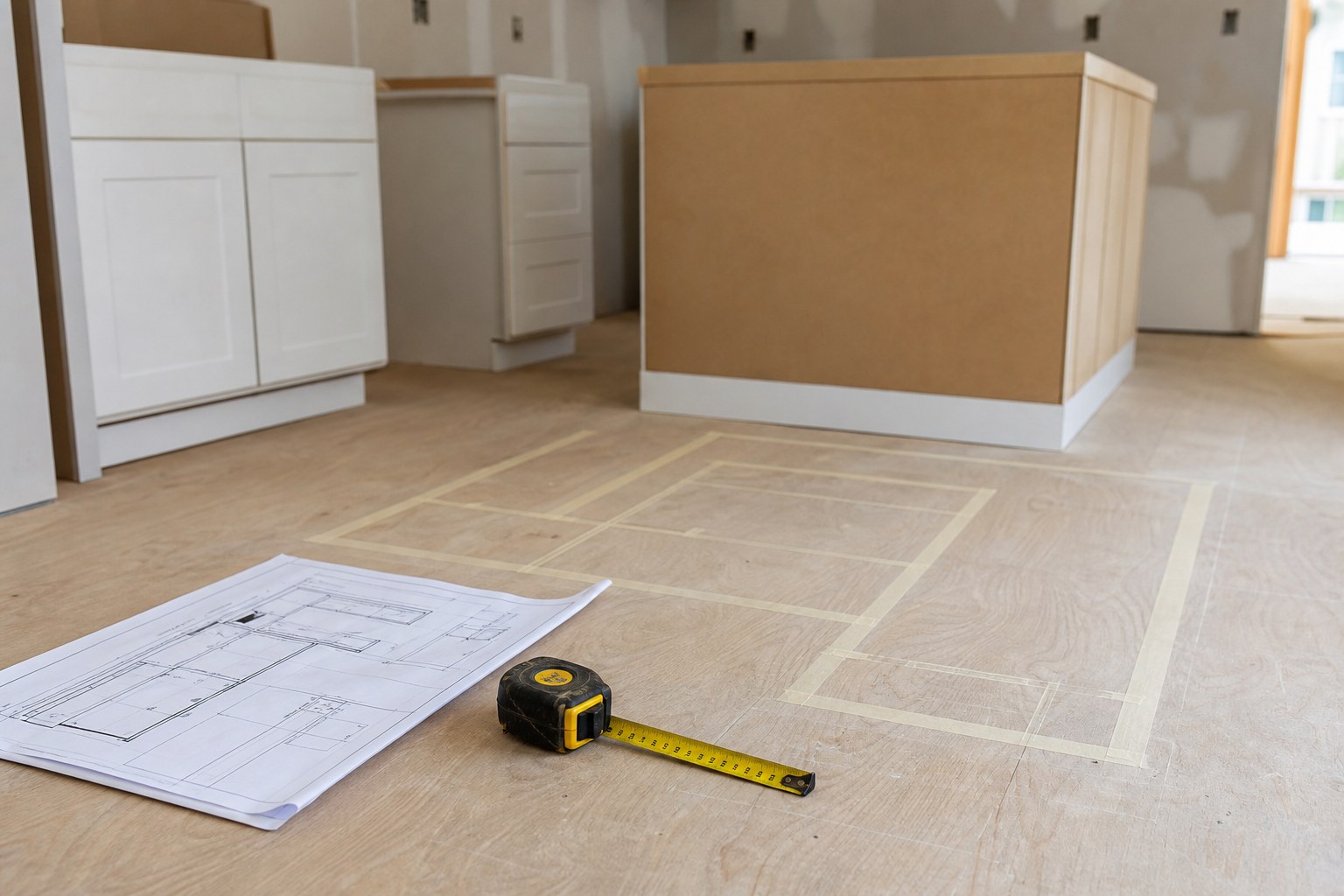 Measuring tools and a kitchen floor plan used to plan cabinet and island dimensions