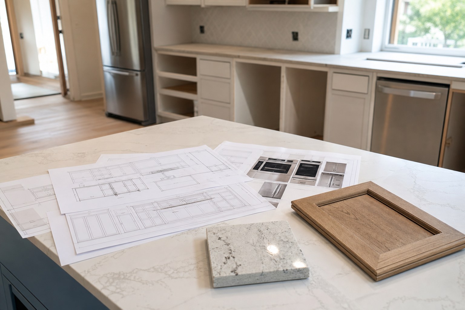 Kitchen renovation plans, samples, and appliance specifications on an island