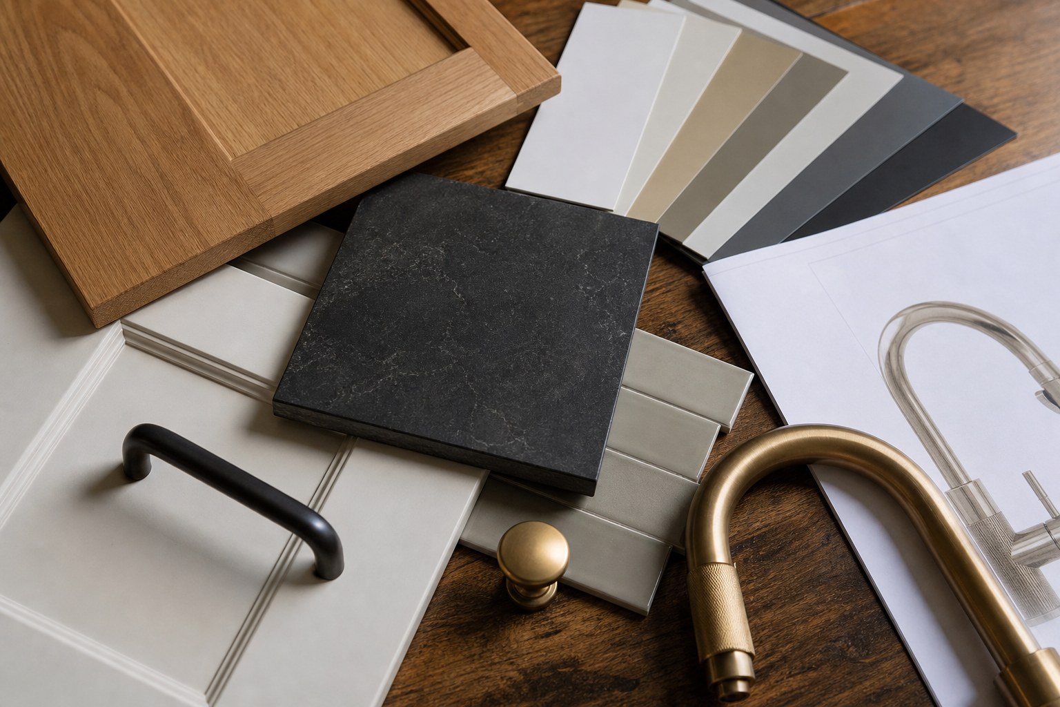 Cabinet, countertop, tile, hardware, and faucet samples organized for kitchen selections