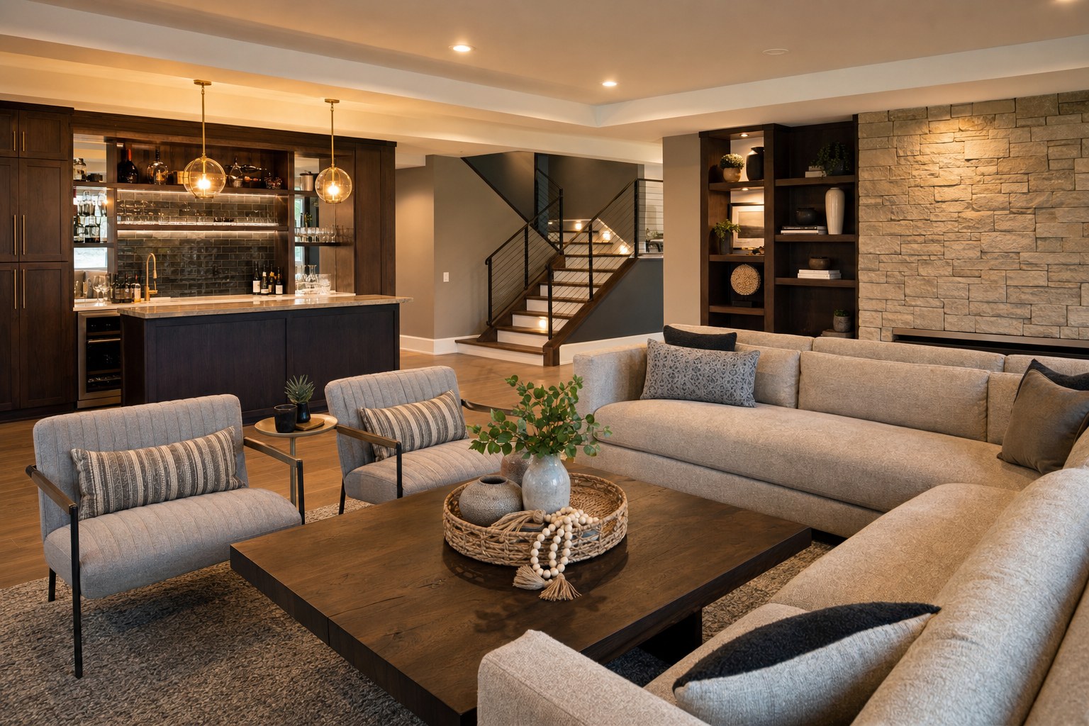 Completed basement lounge with a walnut bar and stone wall