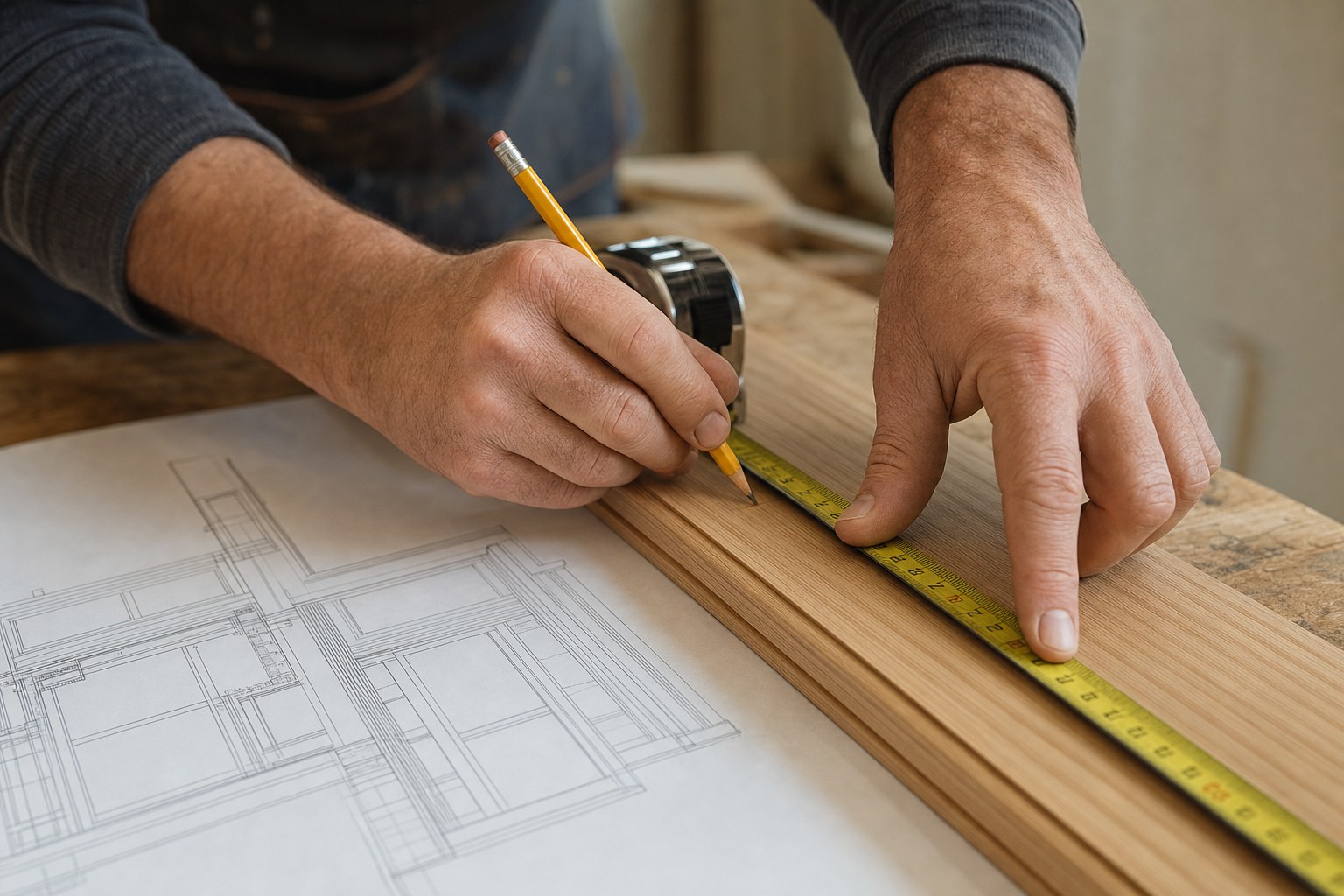 Craftsperson measuring oak trim against a project plan