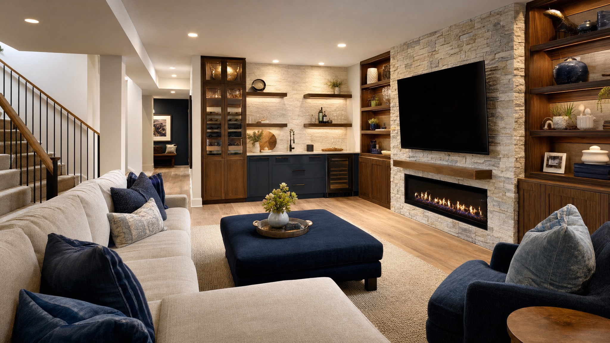 Finished basement living room with custom bar and stone fireplace