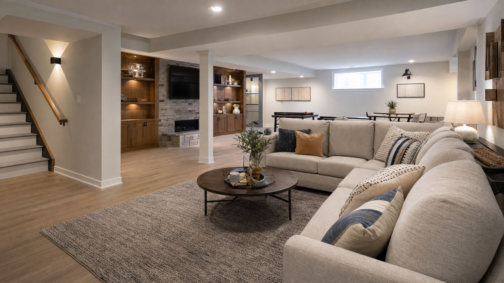 Finished basement family room with built-in cabinetry and comfortable seating