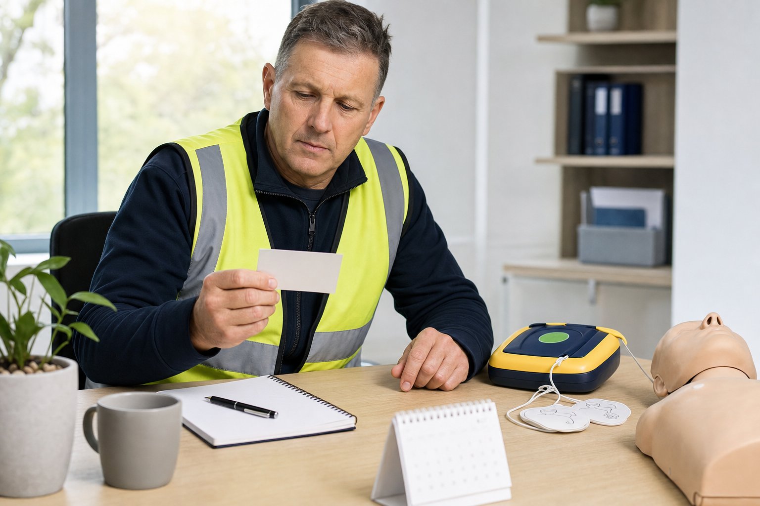 Workplace safety coordinator reviewing a CPR course completion card