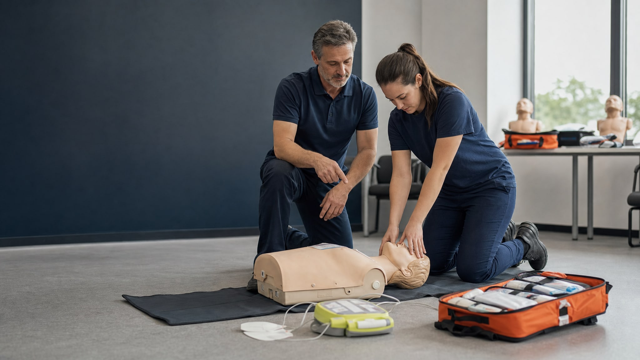 Emergency response instructor guiding a student through manikin training