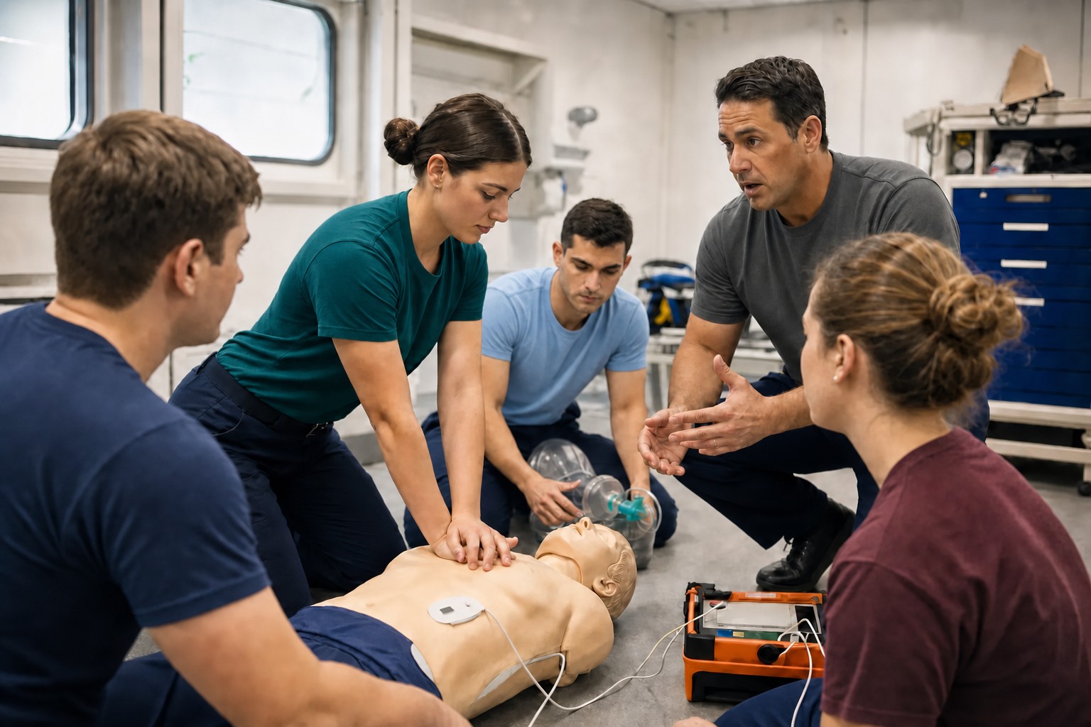 Adult students practicing emergency response skills in a classroom