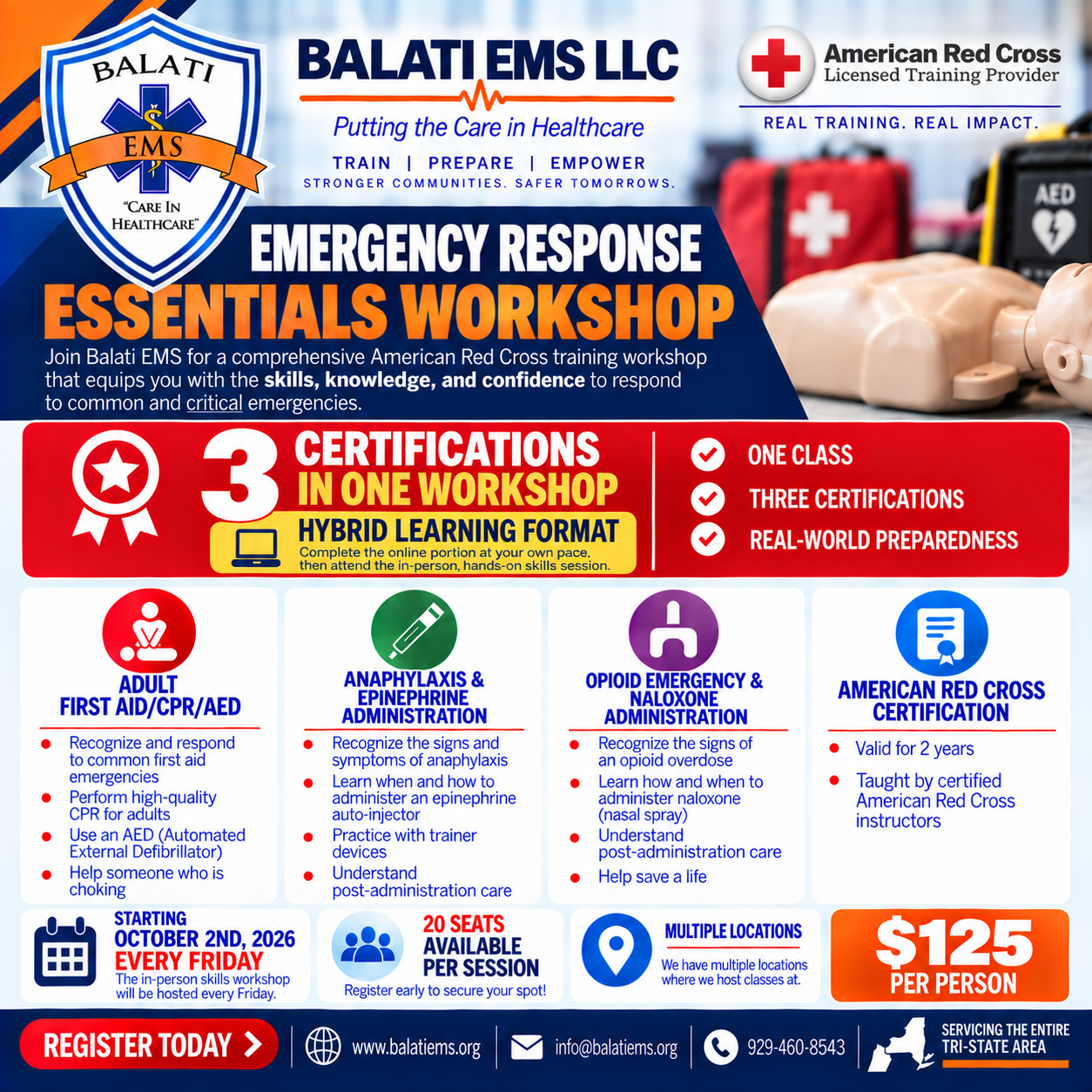 Emergency Response Essentials Workshop: three certifications in one hybrid workshop, starting October 2, 2026 every Friday, $125 per person