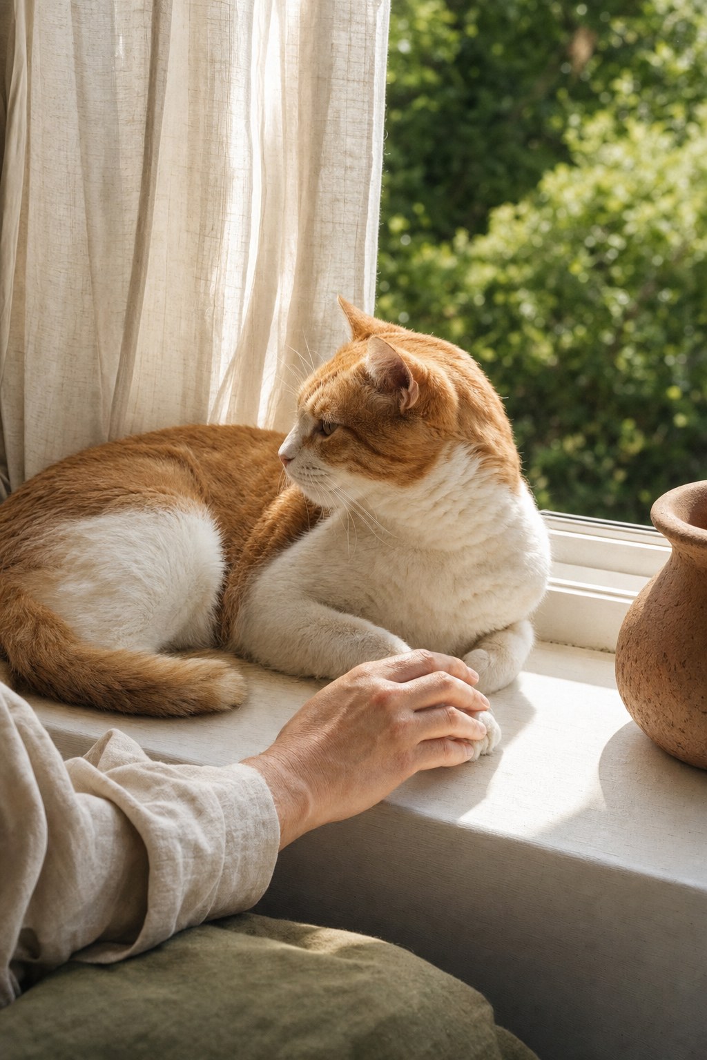 An orange-and-white cat resting in a sunny window