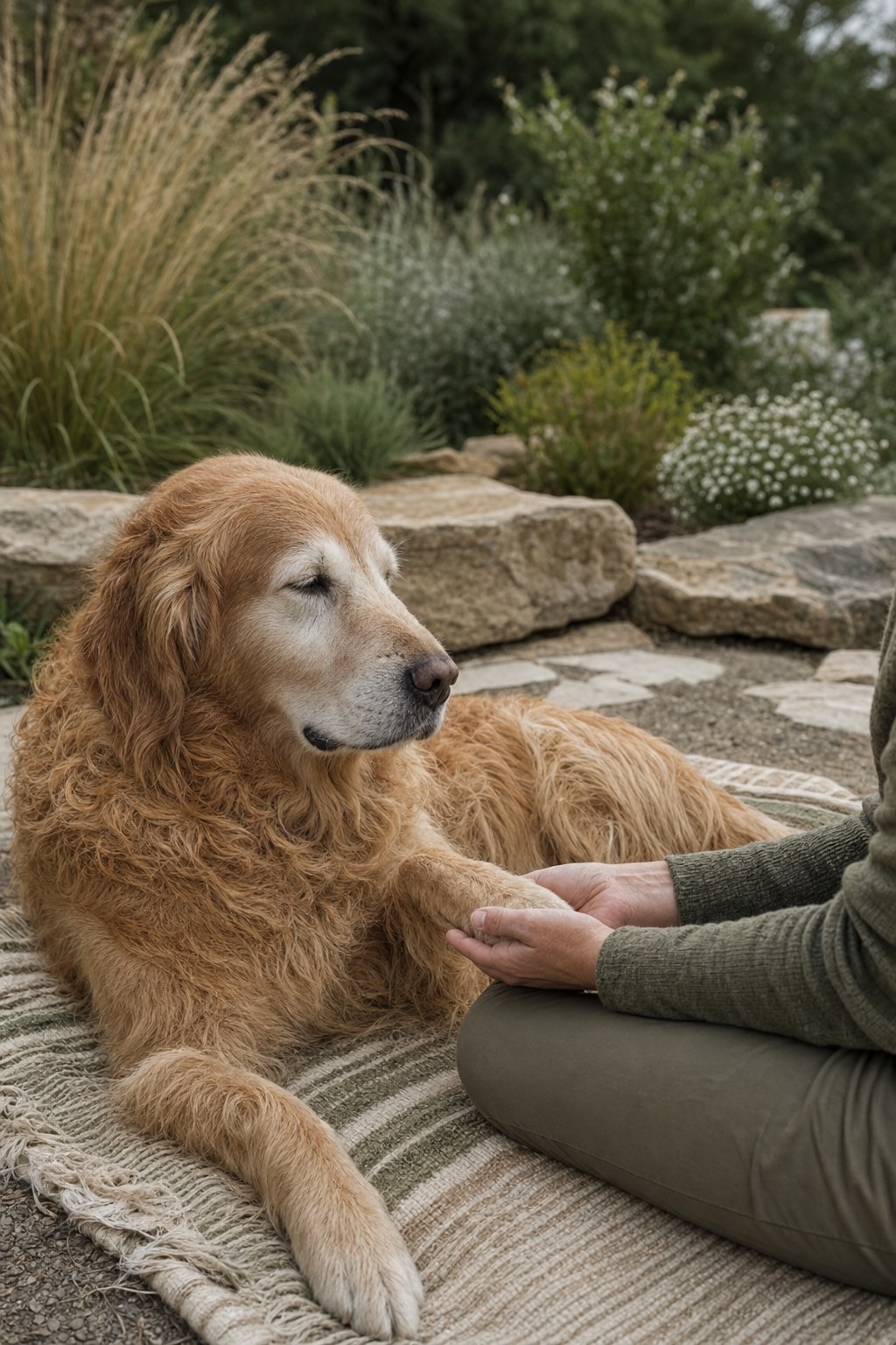 An older golden retriever resting while a person holds its paw